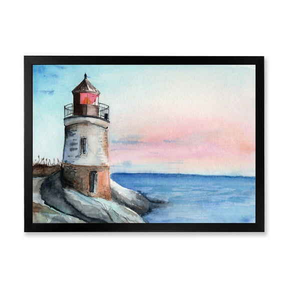 Designart 'A Lighthouse On A Rock Shore At Dawn' Nautical & Coastal Framed Art Print