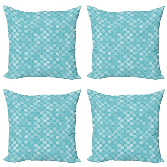 Abstract Throw Pillow Cushion Case Pack of 4, Hand Drawn Monochrome Style Circular Scribbles Bubbles Splashes, Modern Accent Double-Sided Print, 4 Sizes, Turquoise Pale Blue, by Ambesonne