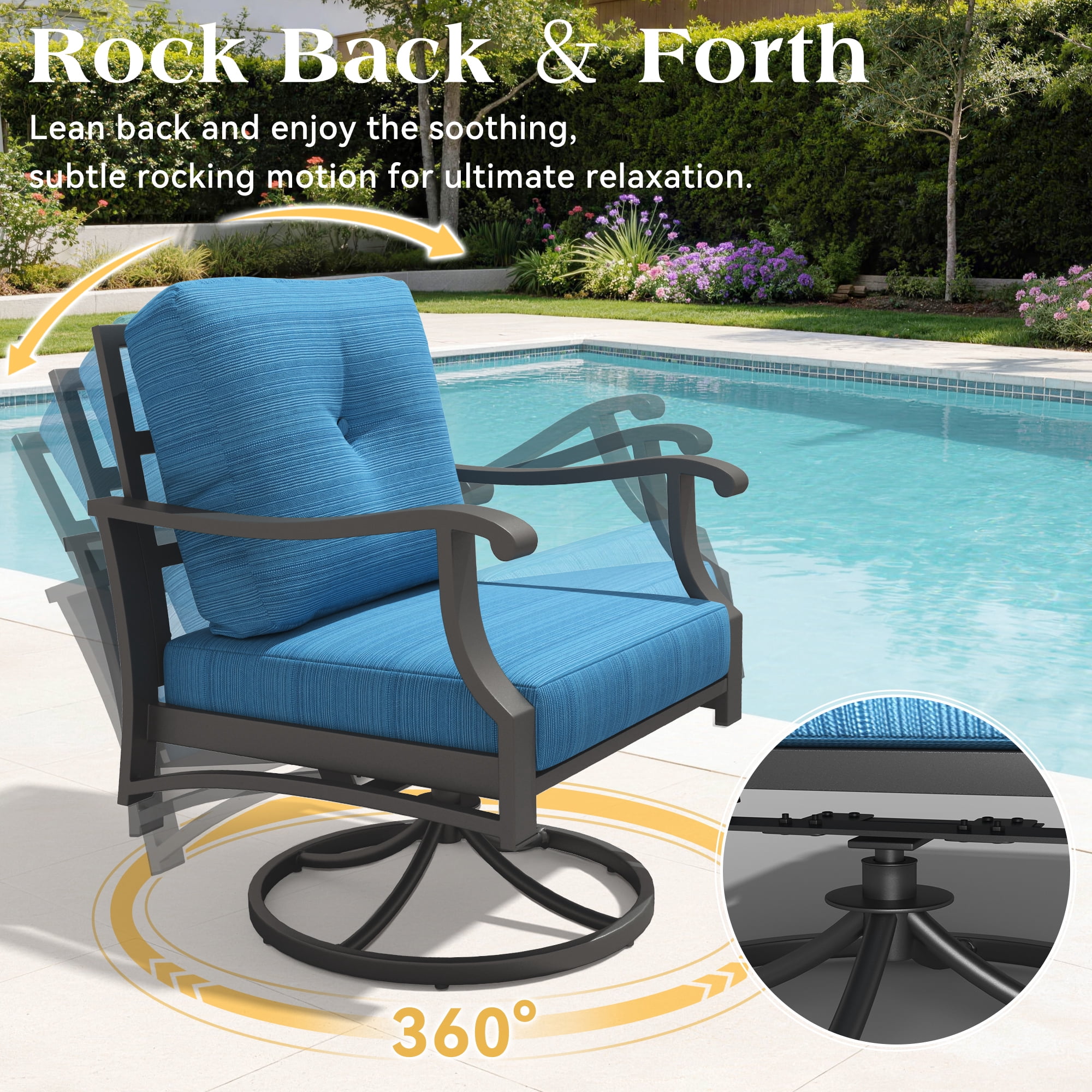 Mvpipi Outdoor Swivel Rocker Chairs, 3 Piece Metal Patio Rocking Chair w/Coffee Table, Aluminum Patio Bistro Furniture Set with 5" Thickened Cushions for Porch, Backyard, Balcony, Blue