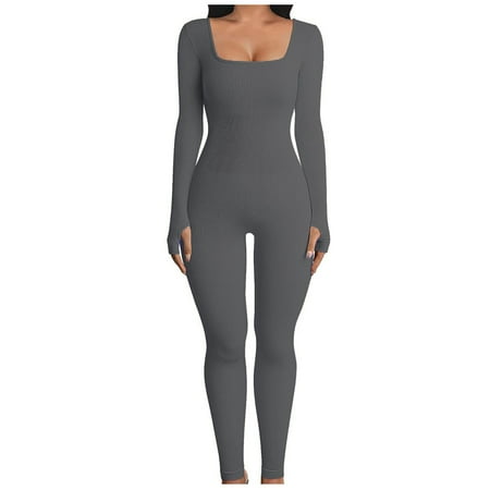 

SELONE Plus Size Jumpsuits for Women Long Sleeve Athletic Bodycon Workout Sports Long Pant Gym Ladies Travel Comfortable 2023 Vacation Cute Rompers Solid Color Elasticity Square Collar Dark Gray M