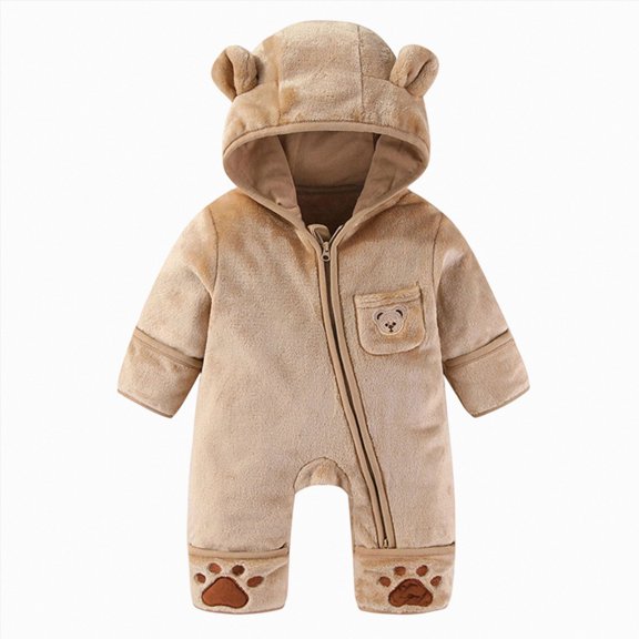 mgoYE Baby Newborn Baby Bear Outfit With Fold-Over Mittens Footies Thin Fleece Romper Hooded Jumpsuit Winter Coat Girls Boys(Coffee,3-6 Months)