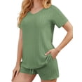 thumbnail image 4 of Qylux Pajamas for Women Set Ribbed Knit Sleepwear Set Summer Short Sleeve Top and Shorts 2 Piece Lounge Set with Pockets,Light Green,2XL, 4 of 9