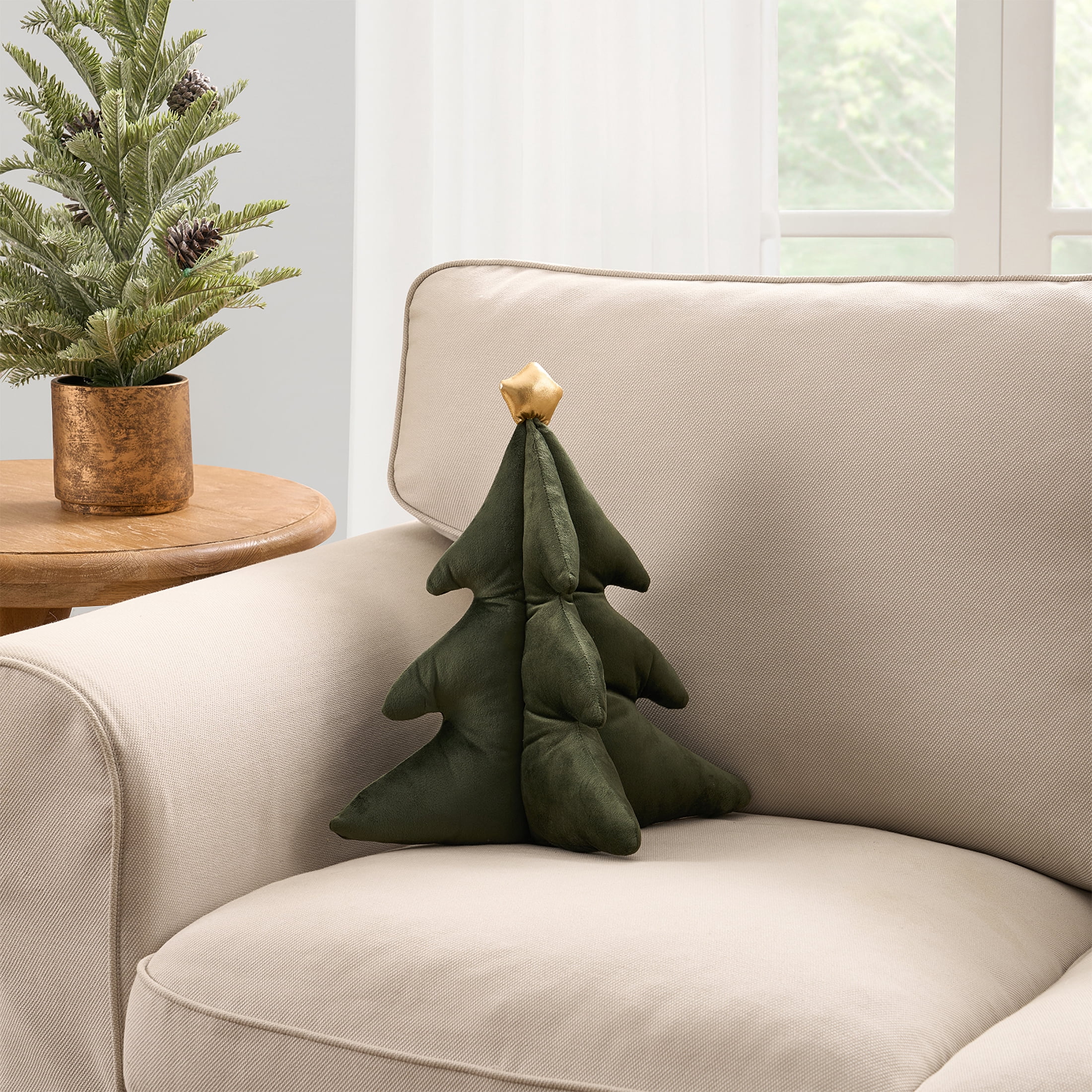My Texas House 14" x 14" Green Shaped Holiday Tree Decorative Pillow