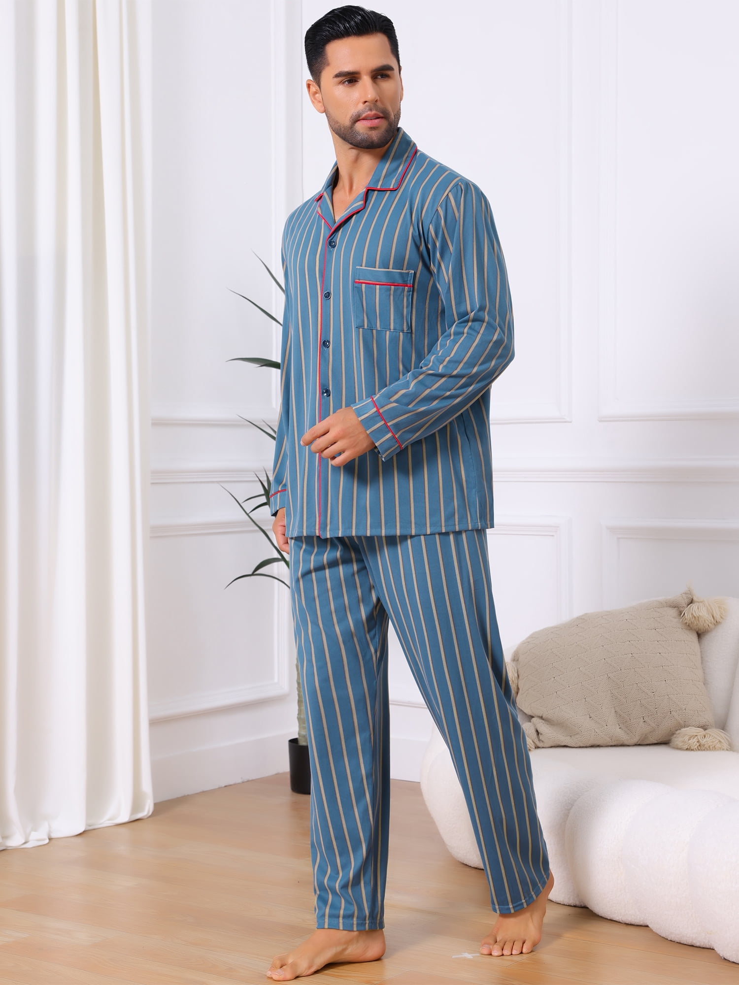 DARING DIVA Men's 2-Piece Long Sleeve Button Down Pocket Pajamas Set M Blue Khaki