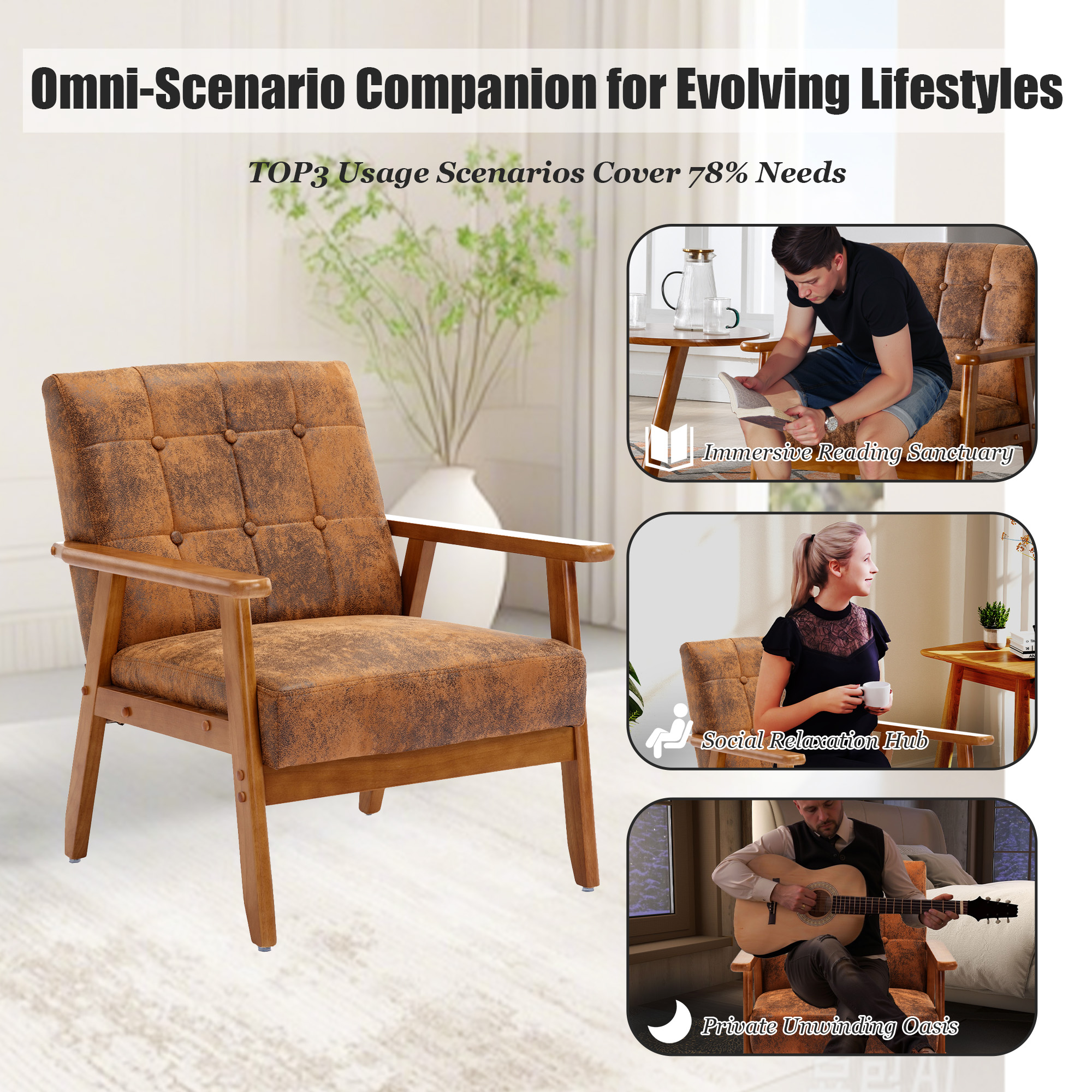 MOONMISS Mid Century Modern Arm Chair with Rubber Wood Frame, Accent Chair with Velvet Upholstery for Living Room Bedroom Reading Room, Easy Assembly,Coffee