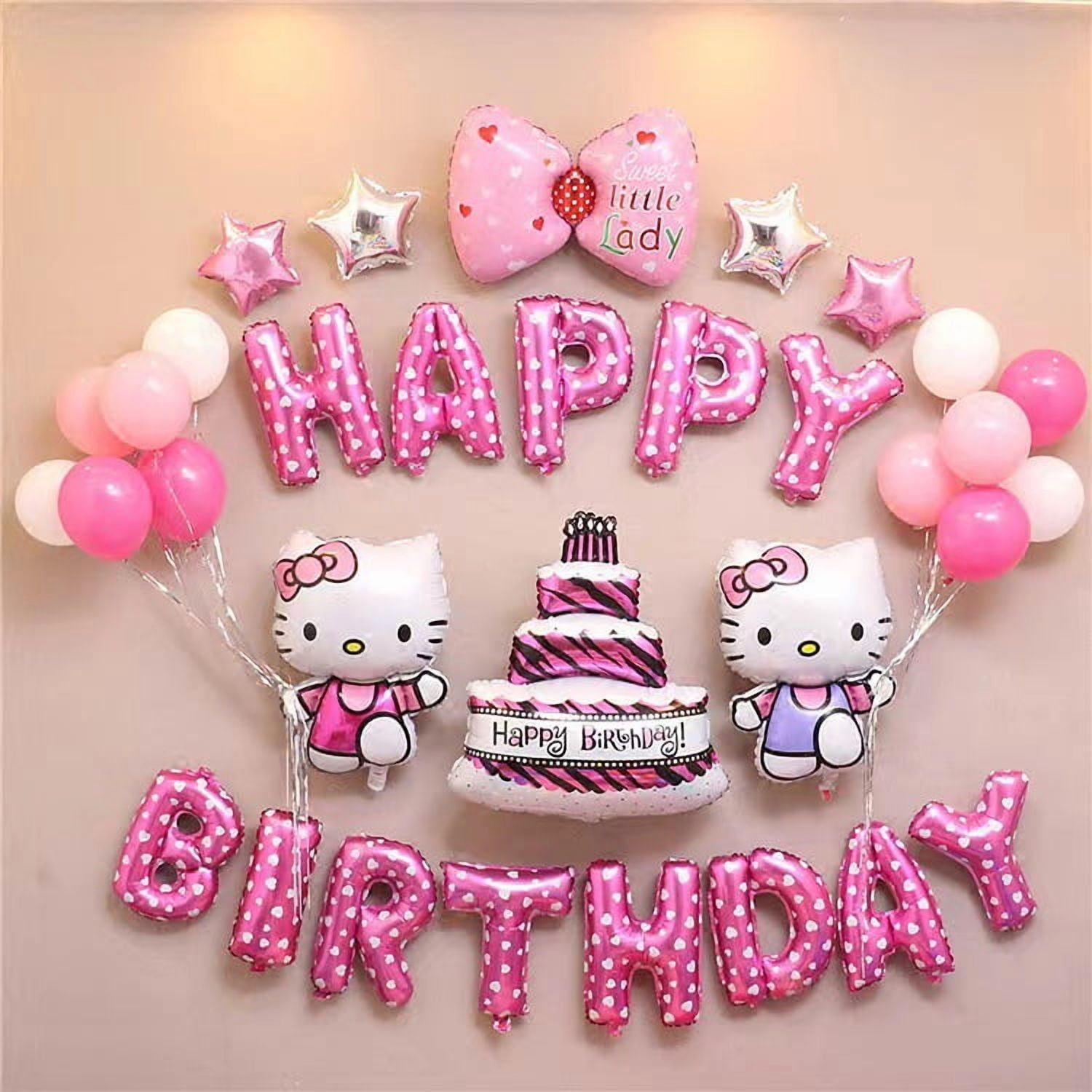 Hello Kitty Birthday Party Decorations Set – Pink Balloon Banner & Cake Topper Kit for Girls Includes Happy Birthday Letters Stars Bow & Balloons Party Supplies