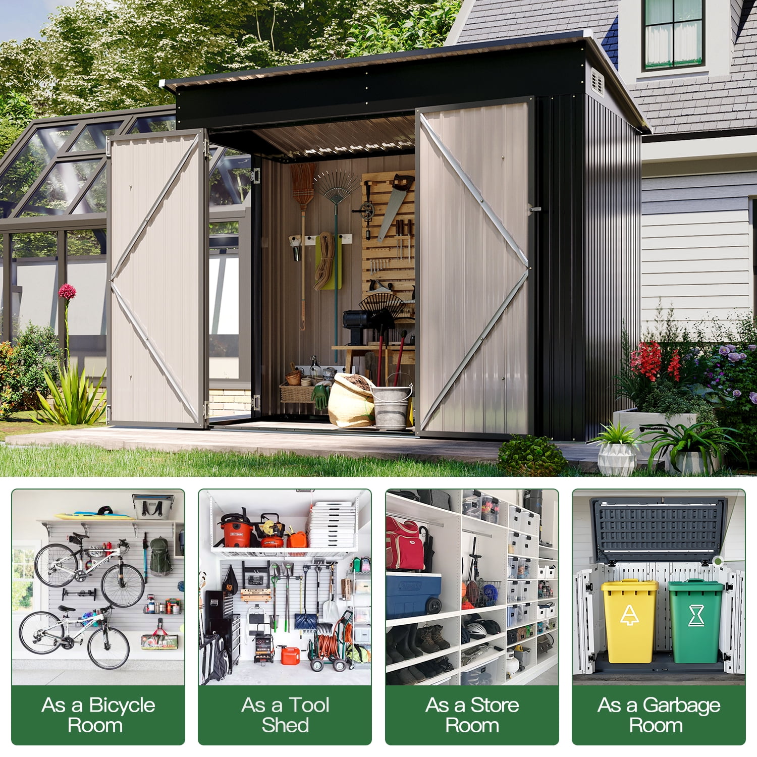 BaPiPro 8'x4' Lean-to Metal Storage Shed, Outdoor Lockable Shed with Triple Doors & Vents for Garden, Backyard, Patio - Black