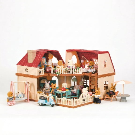 OLEOCA Family 2 LED Light Villa Dollhouse Playset with Miniature Doll Figure, Furniture and Accessories Included
