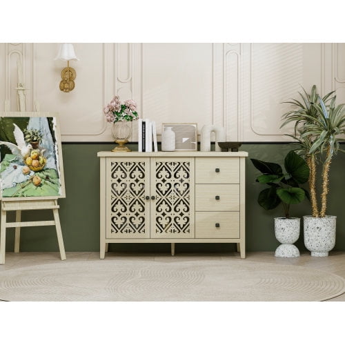 BSHTI Hollowed-out Cabinet with 2 Door 3 Drawers, American Furniture, Suitable for Bedroom, Living Room, Study