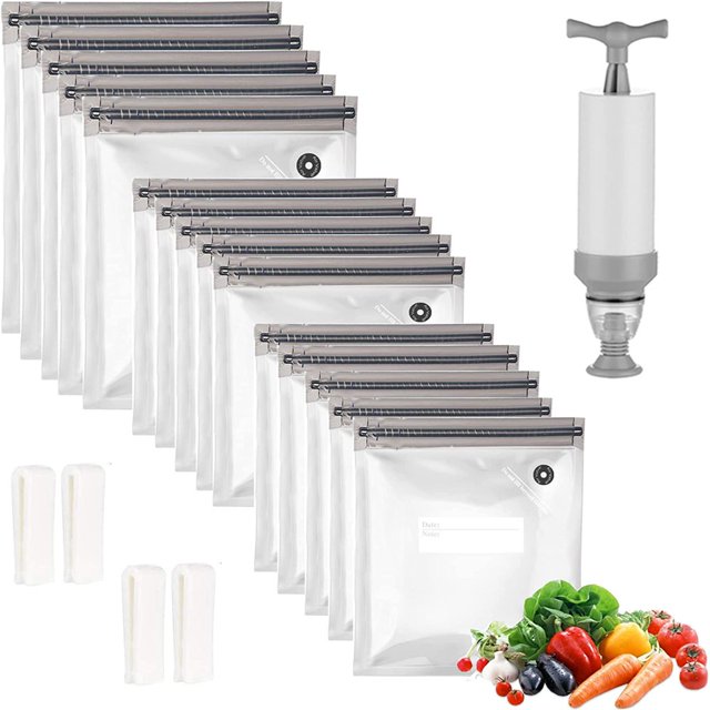 MesaSe Sacs Lot de 20 3 Tailles Sacs de Rangement Alimentaires sous Vide Réutilisables avec Pompe Manuelle 4 Pinces de Scellage Scelleuse sous Vide Réutilisable pour Congélateur Sac Ziploc