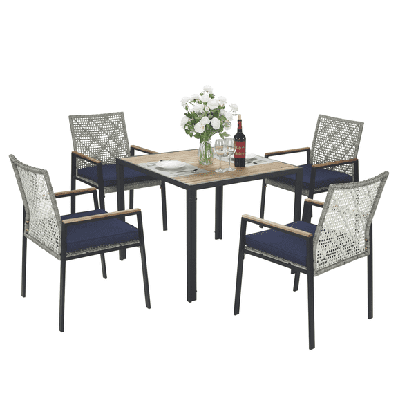 JERFIT 5-Piece Outdoor Dining Set with Acacia Wood Table, All-Weather Wicker Patio Conversation Set, Light Gray