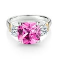 thumbnail image 2 of Gem Stone King 925 Silver and 10K Yellow Gold Pink Created Sapphire and White Topaz 3 Stone Ring for Women (5.46 Cttw, Gemstone September Birthstone, Cushion 10MM, Round 4MM, Size 7), 2 of 3