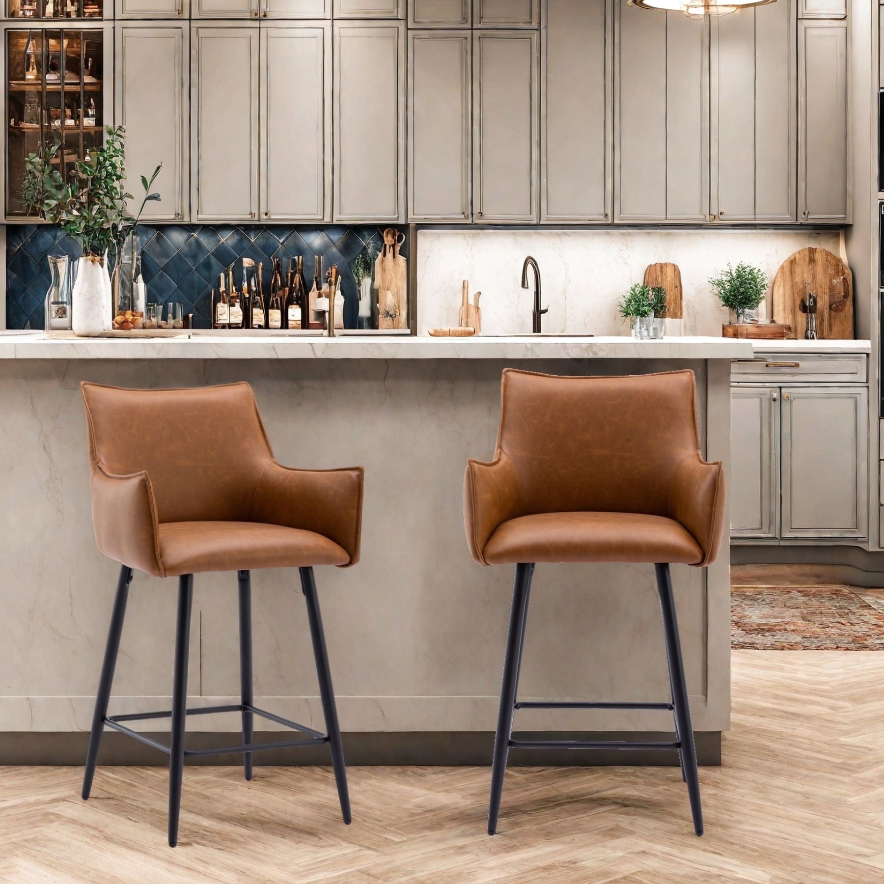 Dayalane 26" Counter Height Bar Stools Set of 2, Modern Faux Leather Upholstered Barstools with Back and Footrest, Kitchen Island Bar Stools with Armrests for Pub Home Bar Dining Room Bistro, Brown