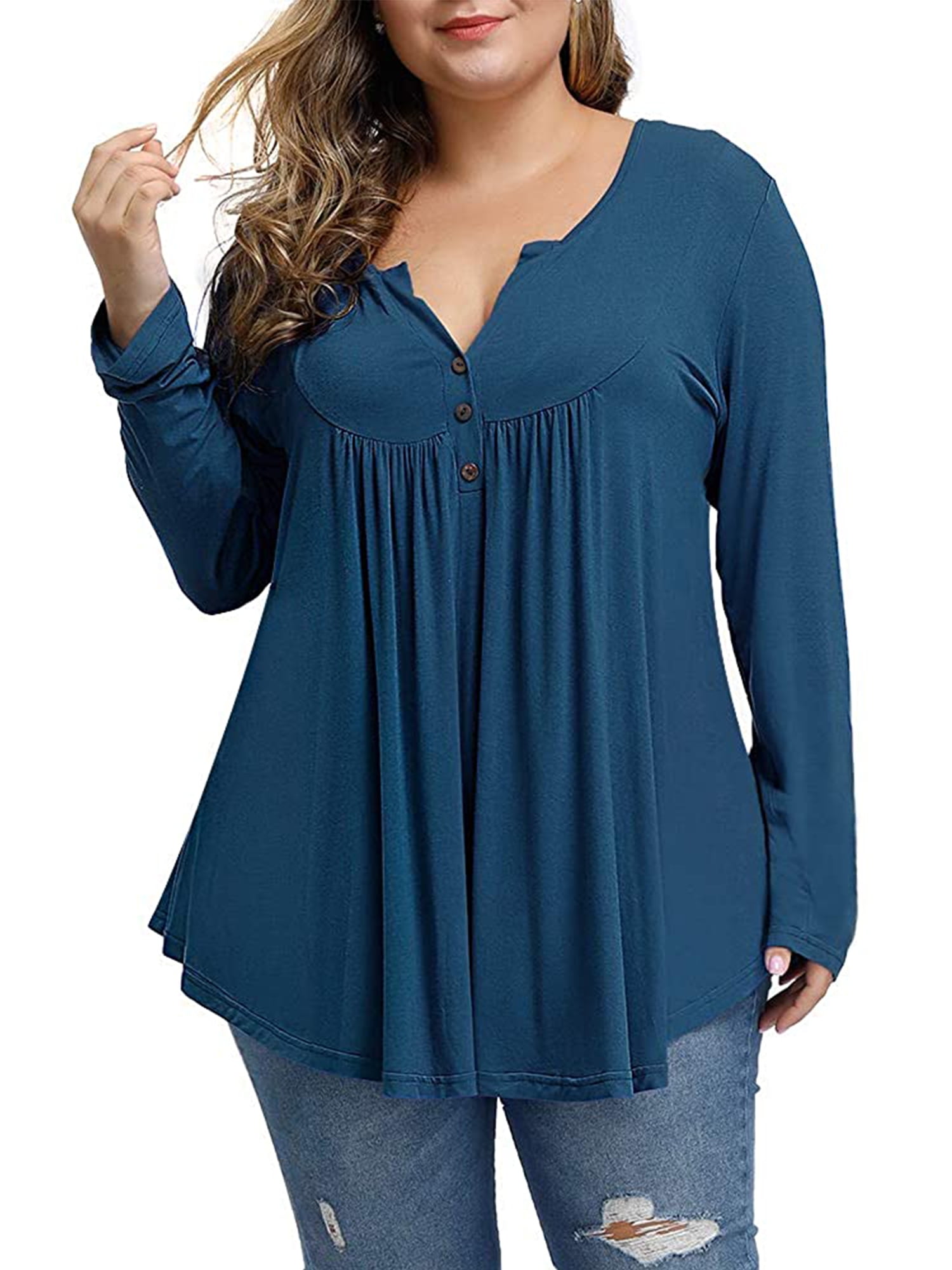 VISLILY Womens Plus-Size Tops Long Sleeve Tee Shirts Pleated Button Up Tunics 
