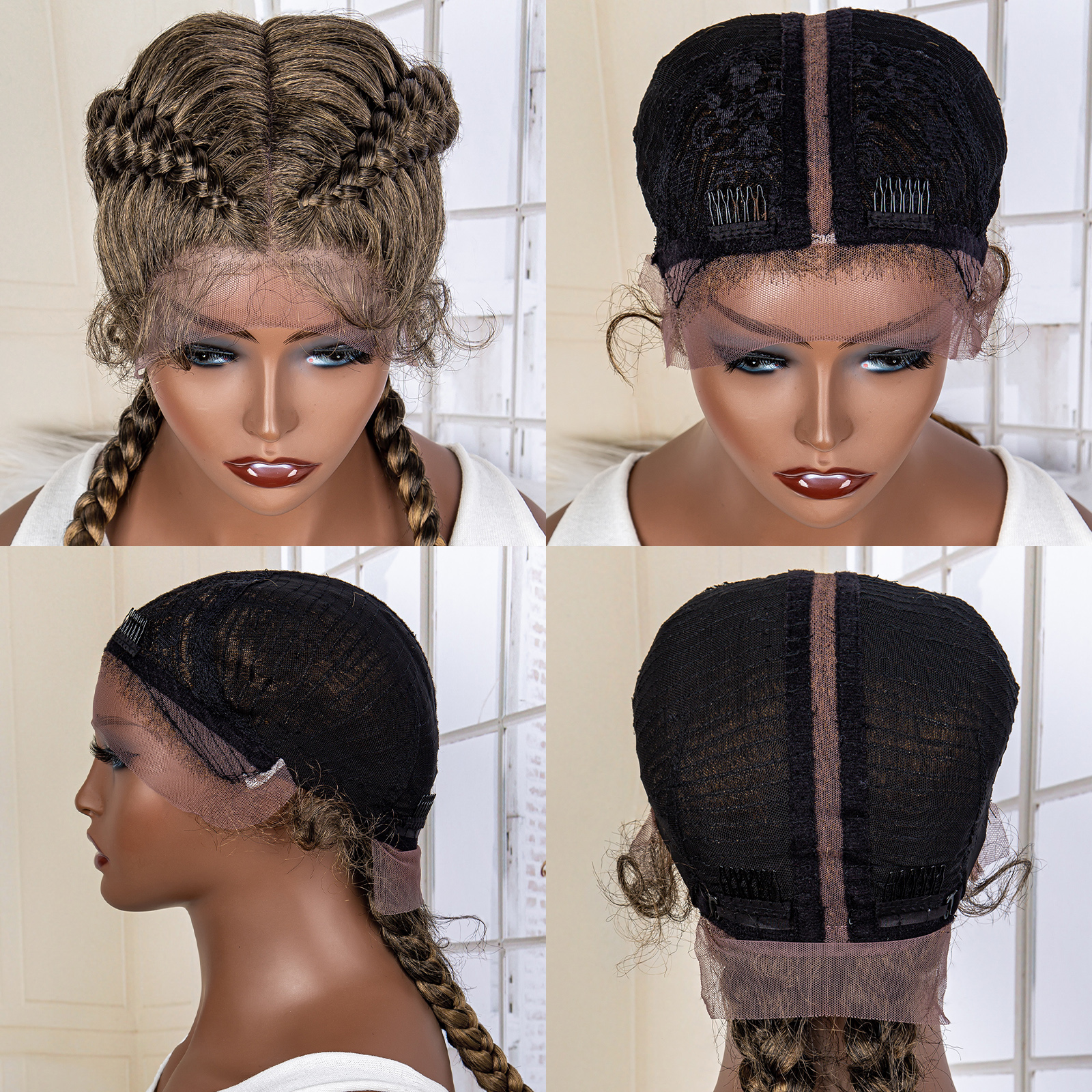 36 Inches Long Lace Front Synthetic Braided Wigs Lace Front Twins Cornrow Braided Wig for Black Women with Baby Hair Middle Part (1B/27 Color)