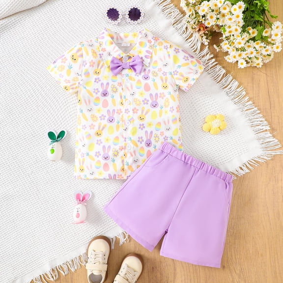 FASHOFT Toddler Boy Easter Outfit Short Sleeve Cute Rabbit Graphic Tees Shorts Set Summer Casual Gentleman Outfits Set Purple 1-2 Years