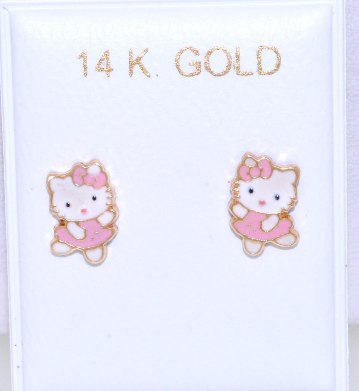 14K Yellow Gold Pink And White Enamel Hello Kitty Screw Back Earrings by MDM
