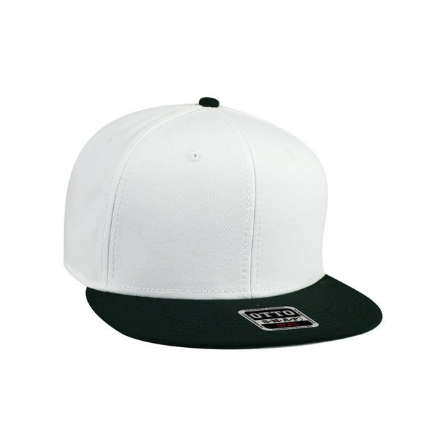 Cotton Twill Flat Bill 6 Panel Mid Profile Snapback Hat, Black/White