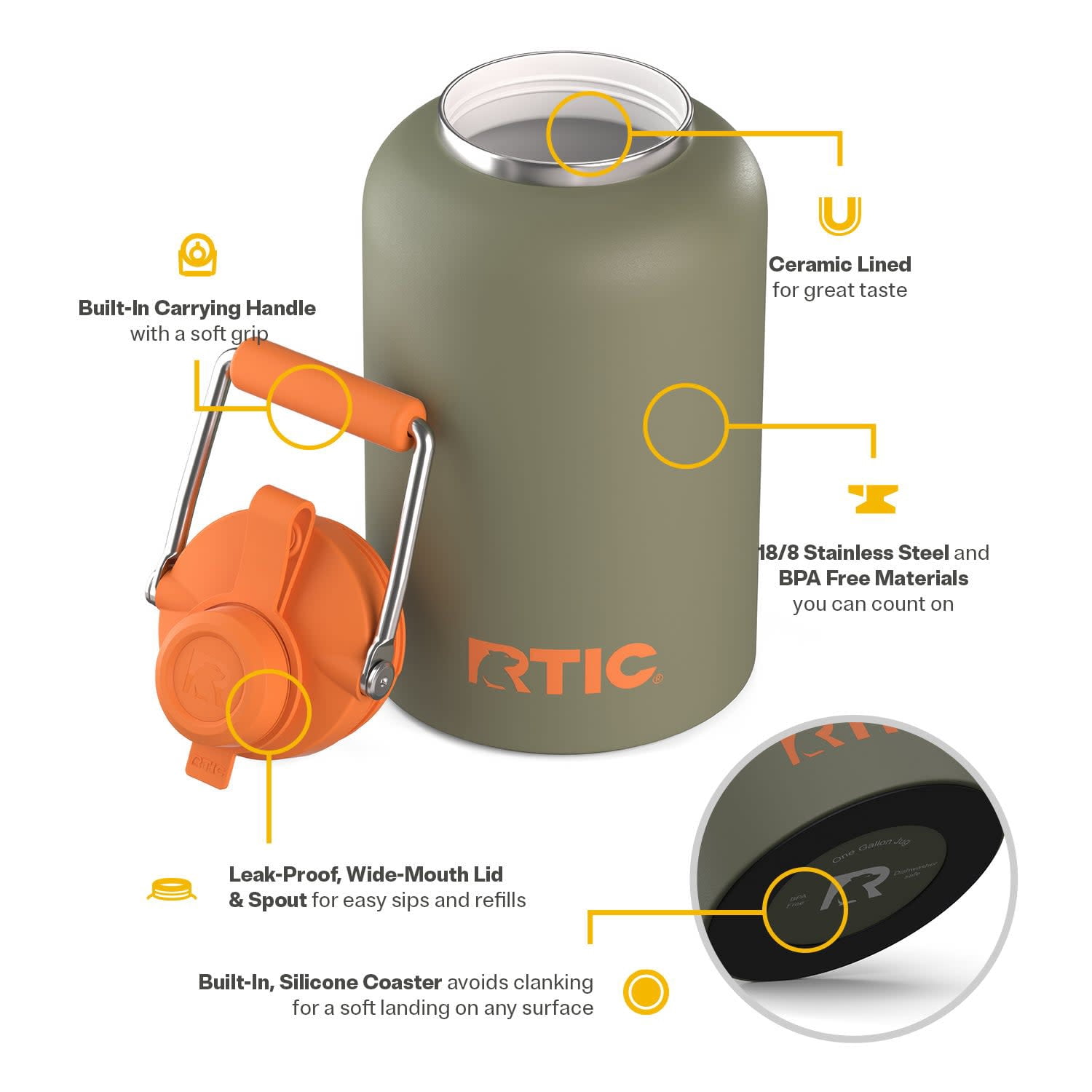 RTIC One Gallon Ceramic Lined Insulated Outback Water Bottle Jug, Leak Proof, Trailblazer