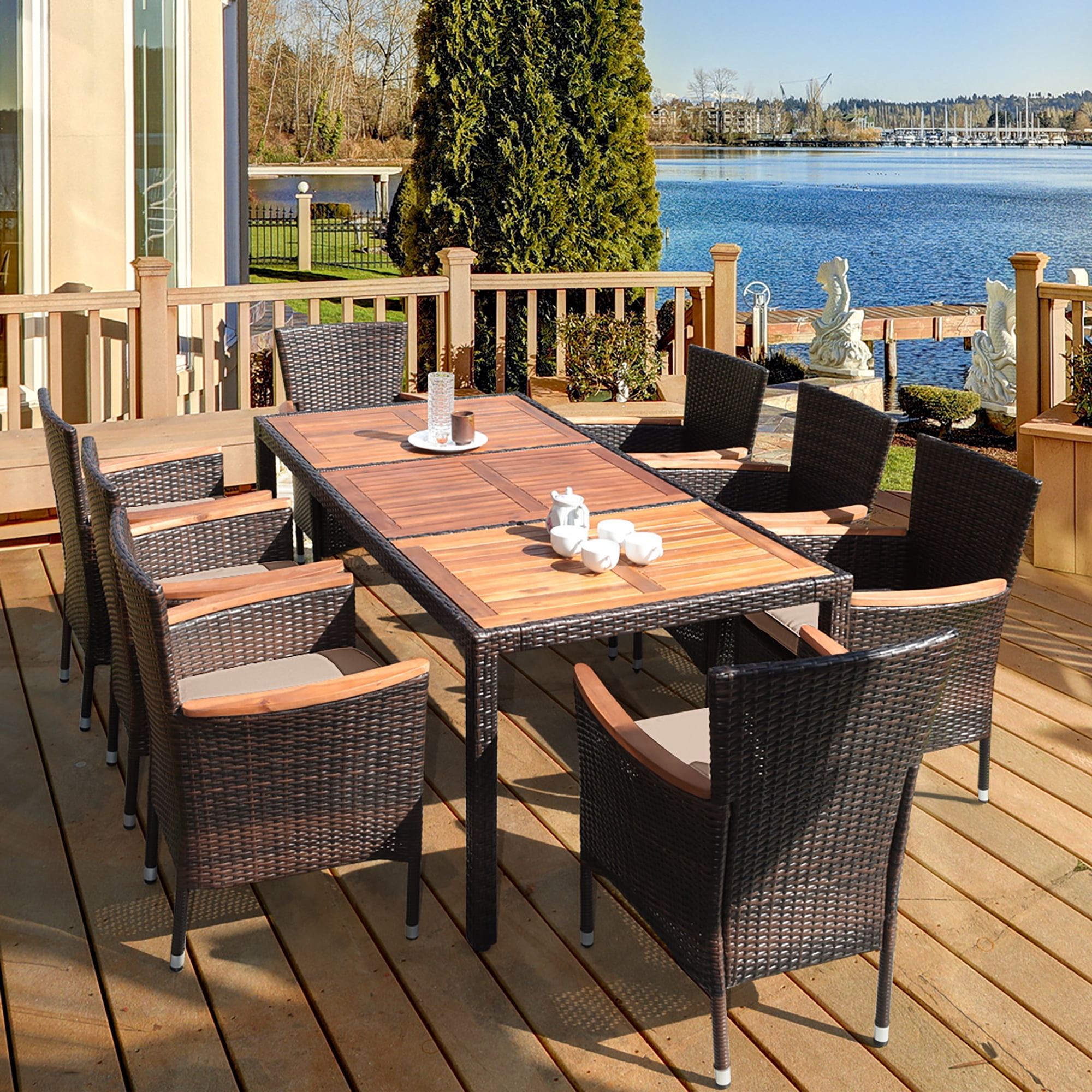 Costway 9PCS Patio Rattan Dining Set 8 Chairs Cushioned Acacia Table ...