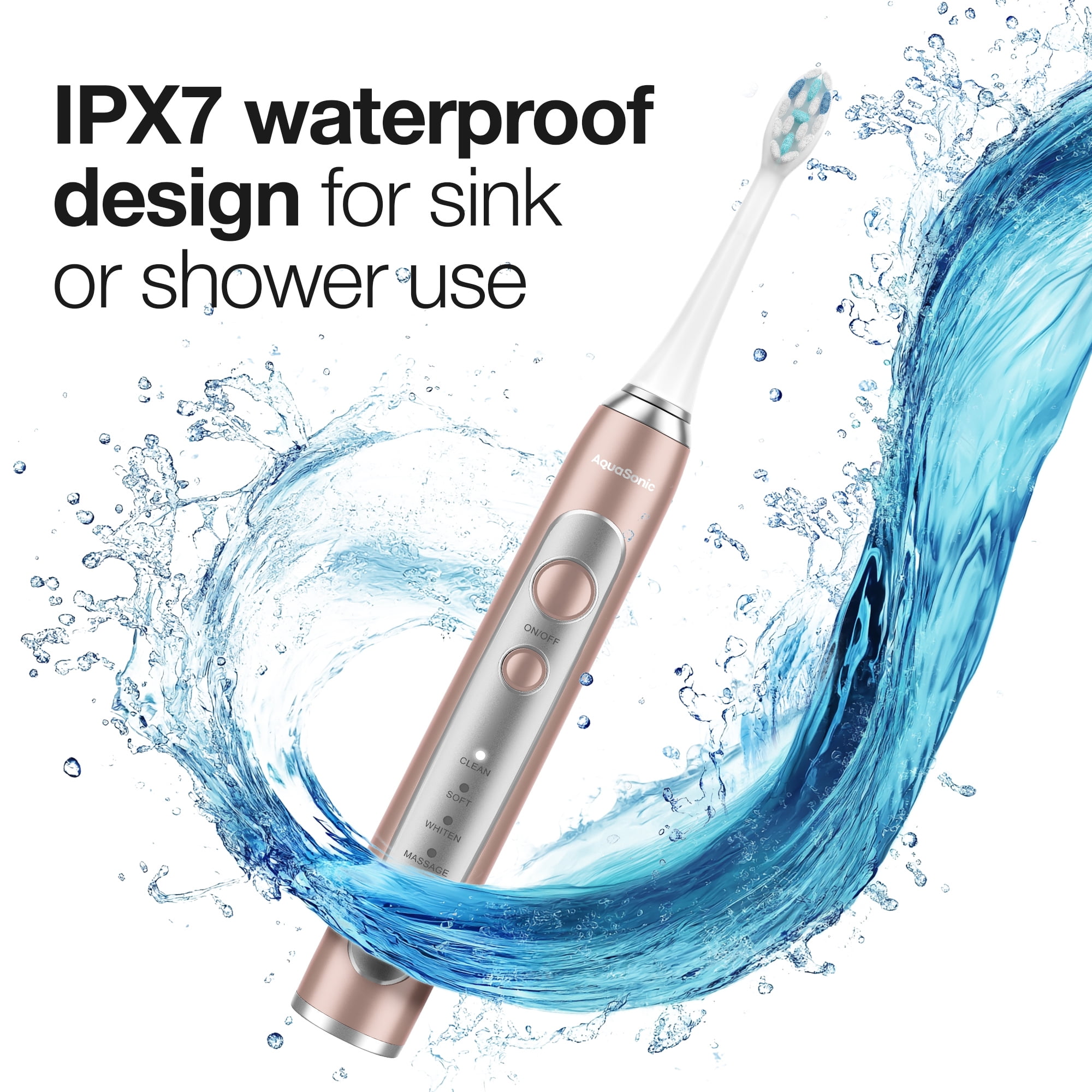 AquaSonic Precision Rechargeable Electric Toothbrush, 5 Modes, 4 Brush Heads, Travel Case, Rose Gold