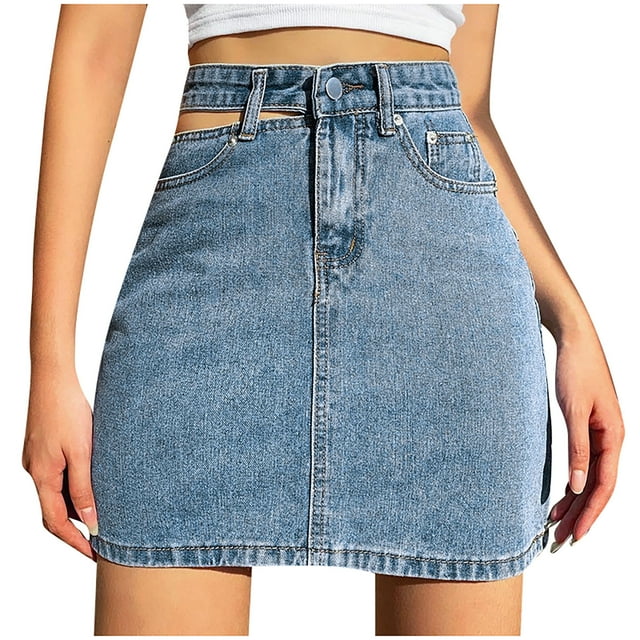 Pompotops Jupe Courte Décontractée pour Femmes, Jupe en Denim Unie Ajourée