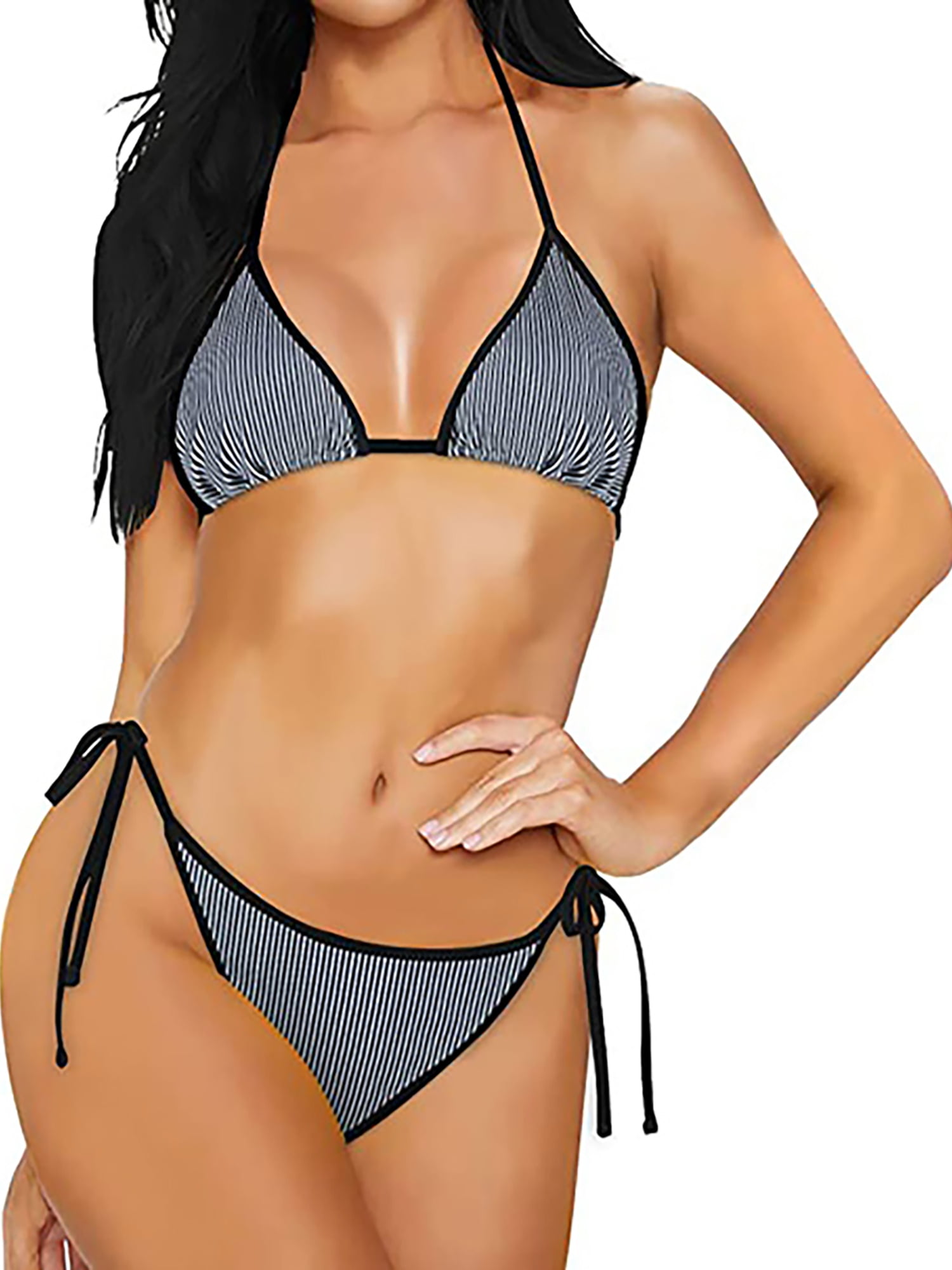 Womens Scoop Neck Cutout Bandage Strappy High Waist Thong 2PCS Bikini Sets Swimsuit,Black