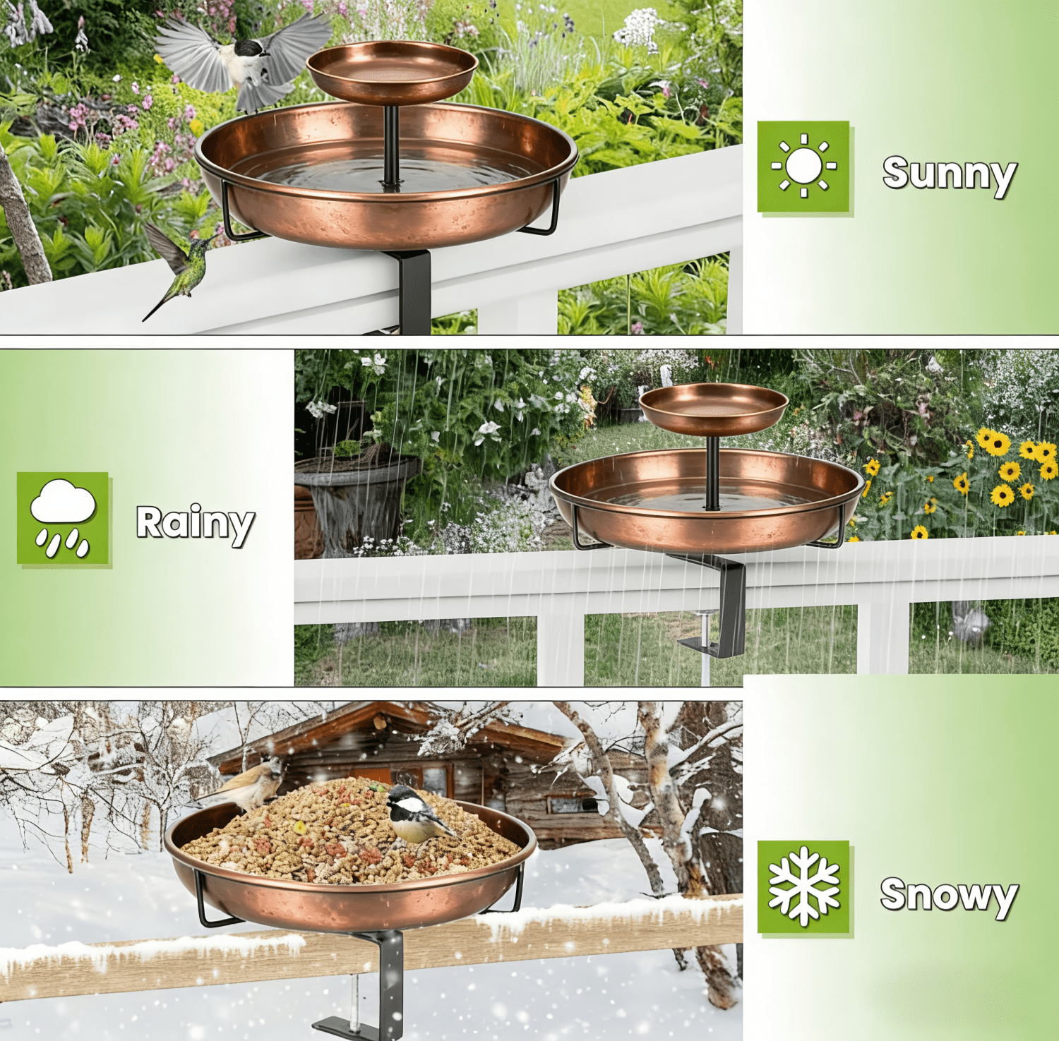 Deck Mounted Bird Bath with Bird Feeder, Adjustable Metal Clamp, Double-Tier Detachable Bird Bath for Deck Railing, Balcony & Fence, Rust-Resistant (Antique Bronze)