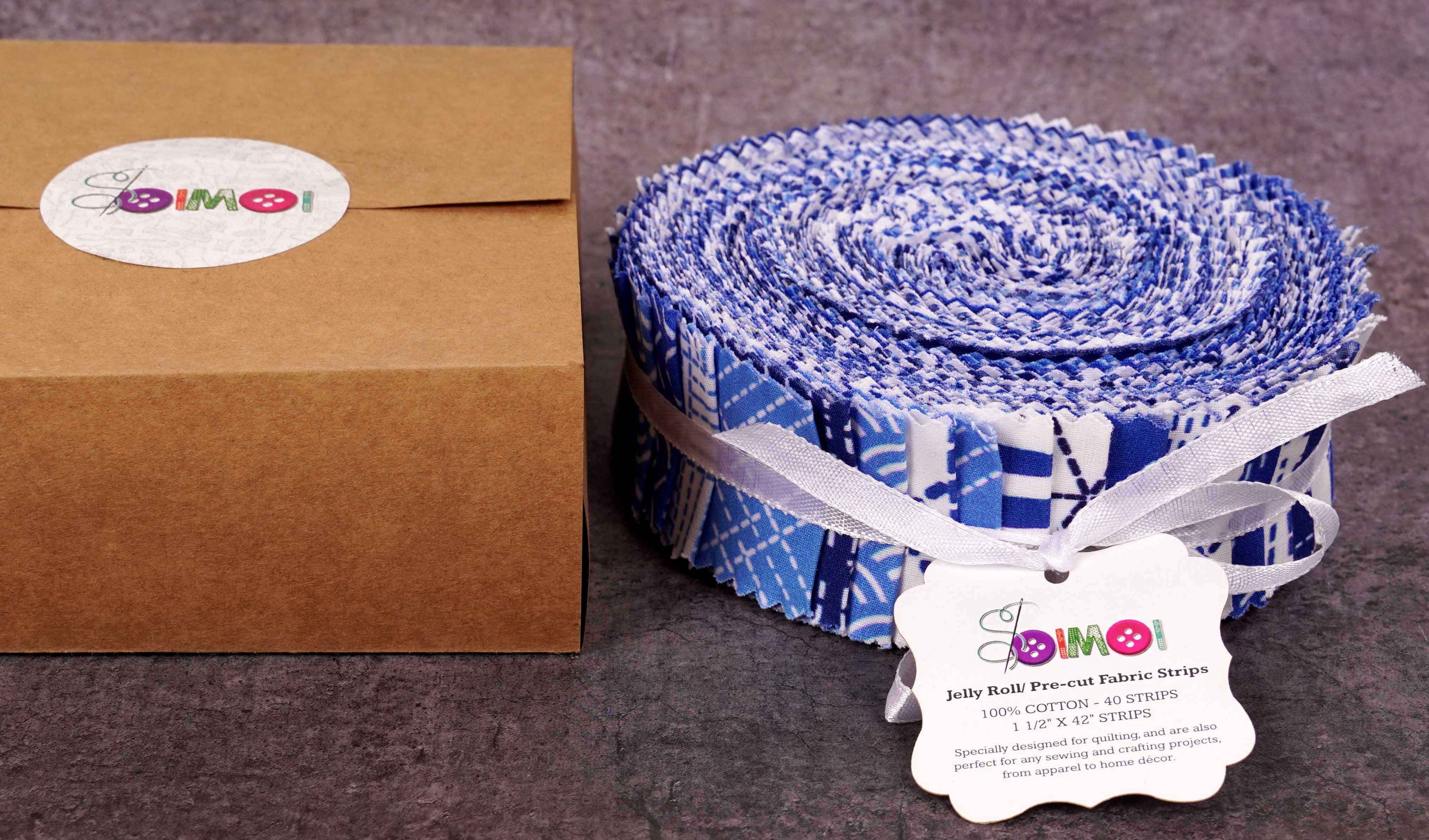 Soimoi 40Pcs Japanese Sashiko Print Precut Fabrics Strips Roll Up 1.5x42inches Cotton Jelly Rolls For Quilting - Medium Blue