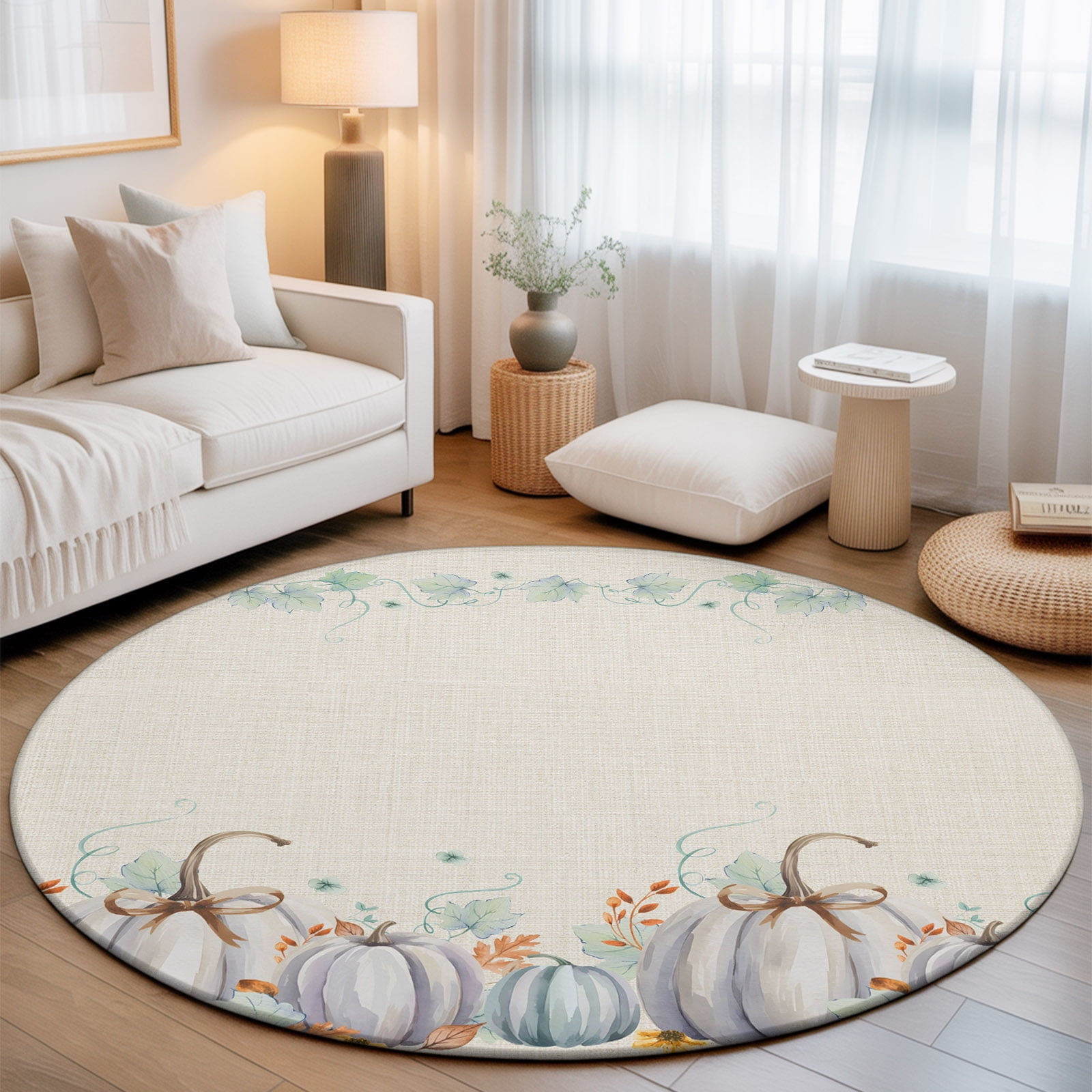 Round Area Rug - 3ft Pumpkin Maple Leaf Fall Thanksgiving Non Slip Washable Circle Carpet Soft Large Floor Rugs for Living Room Bedroom Nursery Office