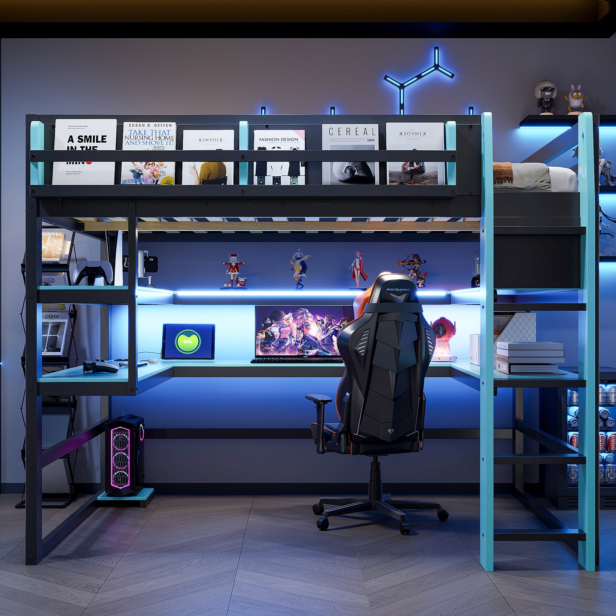 Mintazer Full Size Gaming Loft Bed with U-Shaped Desk & LED Lights, Modern Bed Frame with Shelves & Charging Station for Dorm Bedroom Apartment, Black & Blue