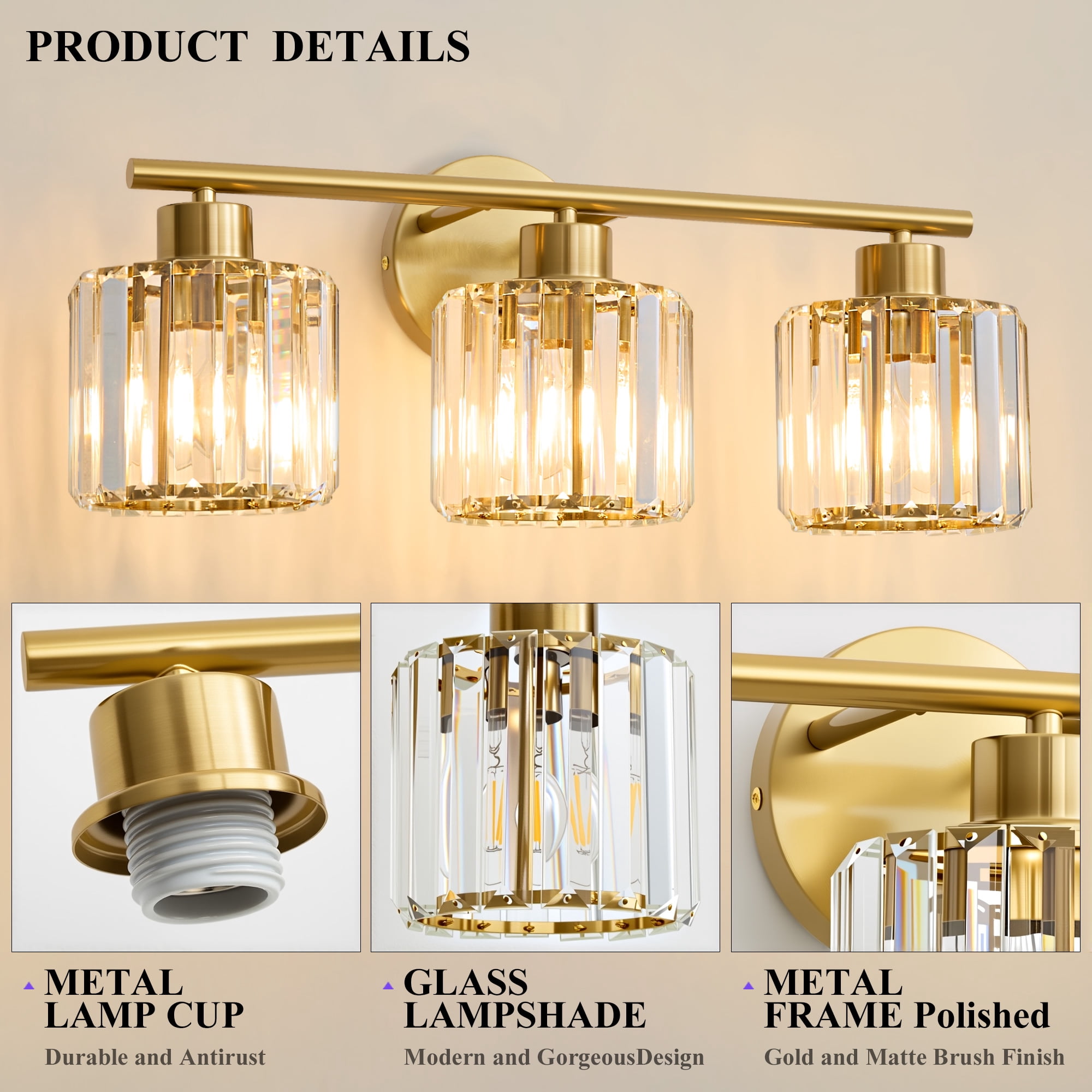 Deyidn Gold Vanity Light, 3-Light Modern Bathroom Fixture with K9 Crystal Shades, 22 Inches, Dimmable