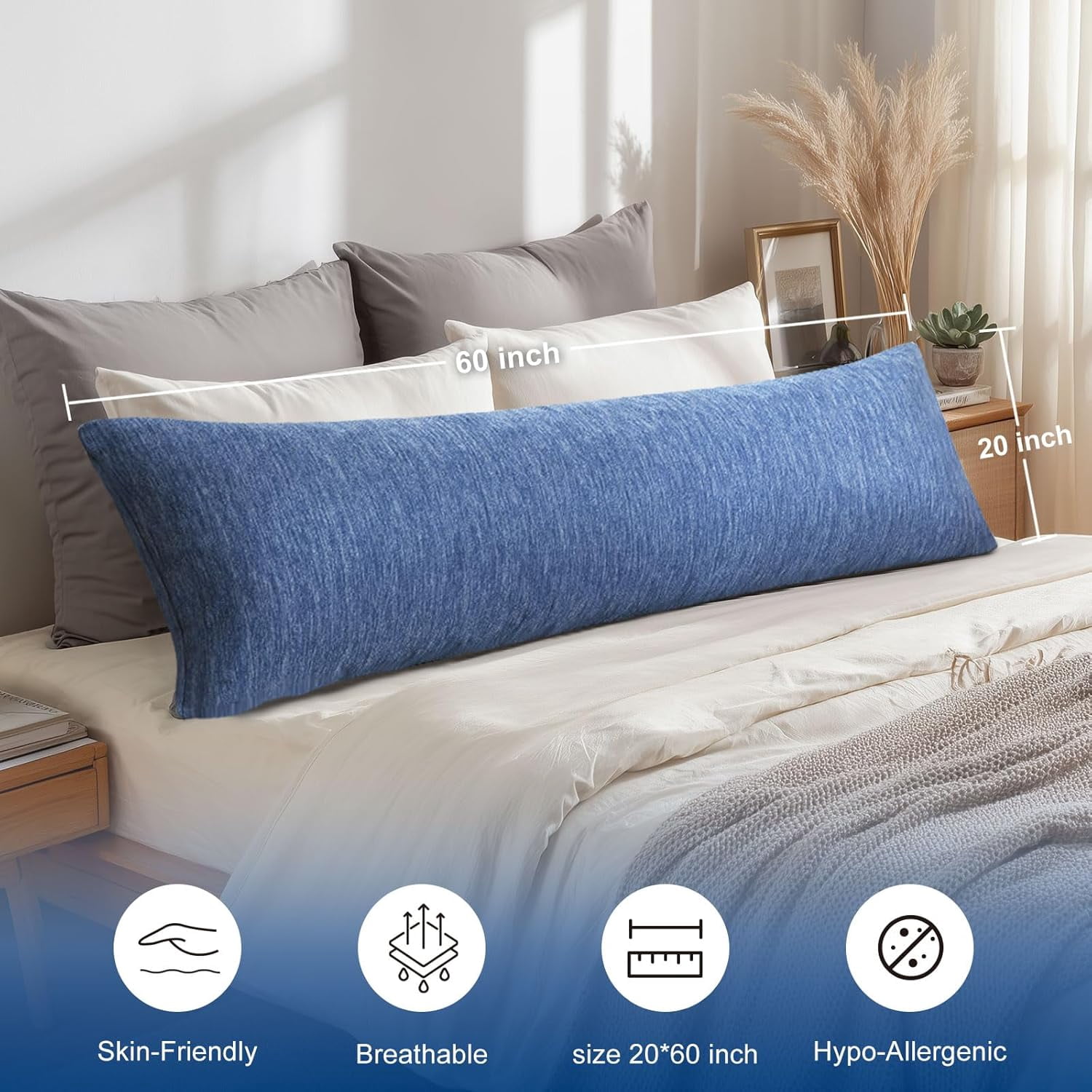 XWZO Long Bed Pillow 1 Piece, Soft & Fluffy Cooling Body Pillow for Side Sleepers, Breathable Shredded Memory Foam Pillow for Summer, 20 x 60 Inches, Blue
