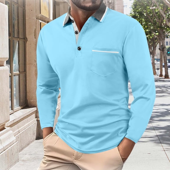Golf Shirts for Men with Pocket and Button Collared Long Sleeve Tshirts Shirt Mens Casual Color Block Pullover Slim Breathable Athletic Workout Tops