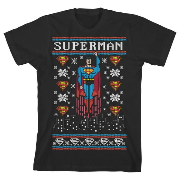 Superman Christmas Youth Black Graphic Tee-XS