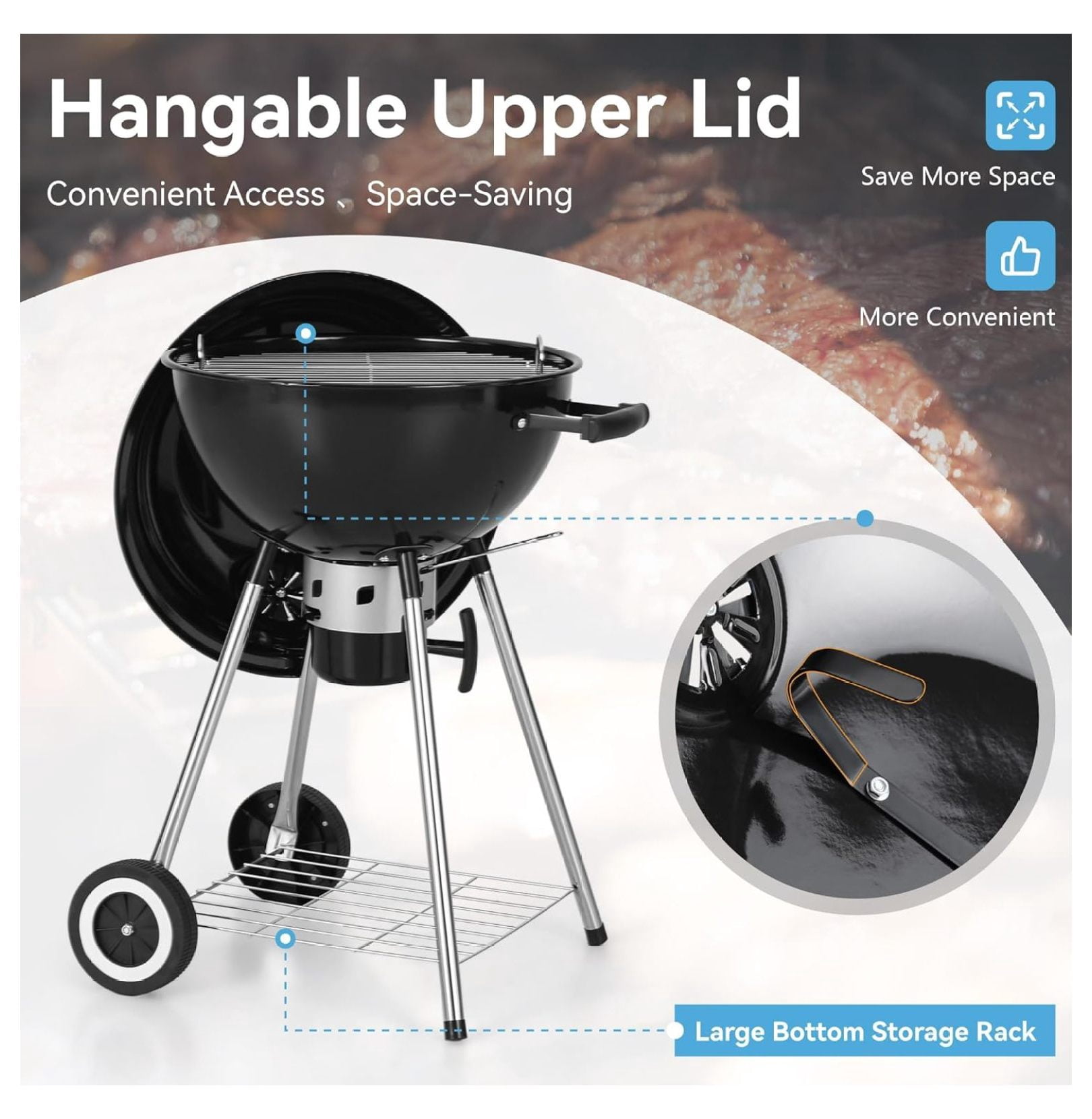 18 inch Kettle Charcoal BBQ Grill with Wheels, Portable Charcoal Grill with Porcelain-Enameled Lid & Catcher for Outdoor Cooking Barbecue Camping Picnics Tailgating