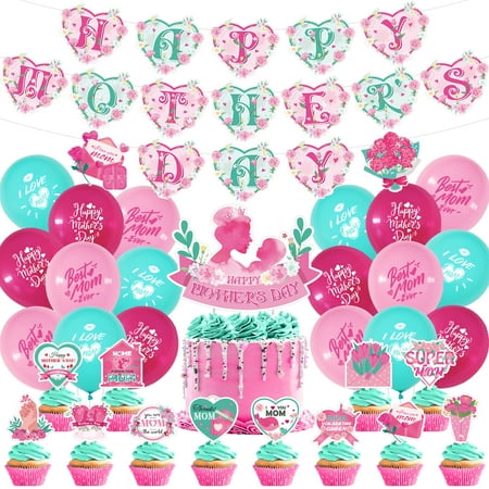 ZEYGC 43Pcs Mothers Day Decorations for Party with Happy Mother's Day Banner Cake Topper Pink Red Blue Balloons Party Supplies