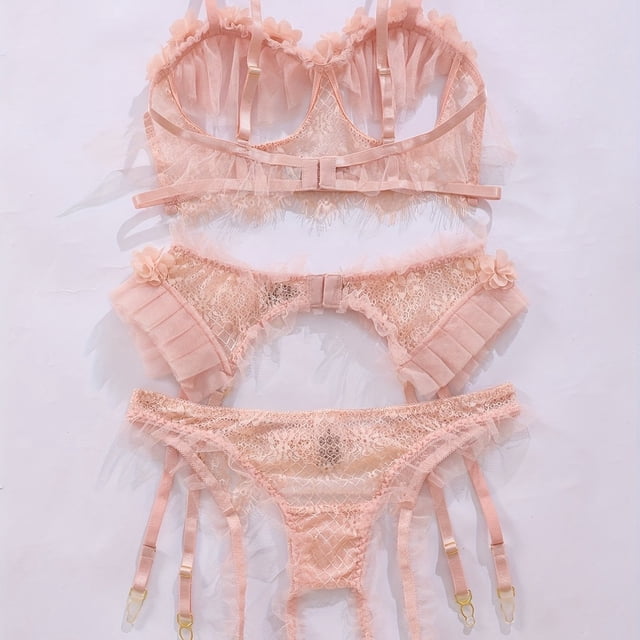 Sultry Floral Lace Lingerie Set, Flower Decor Mesh Bra & Garter Belt Girdle Panties, Women's Sexy Lingerie & Underwear