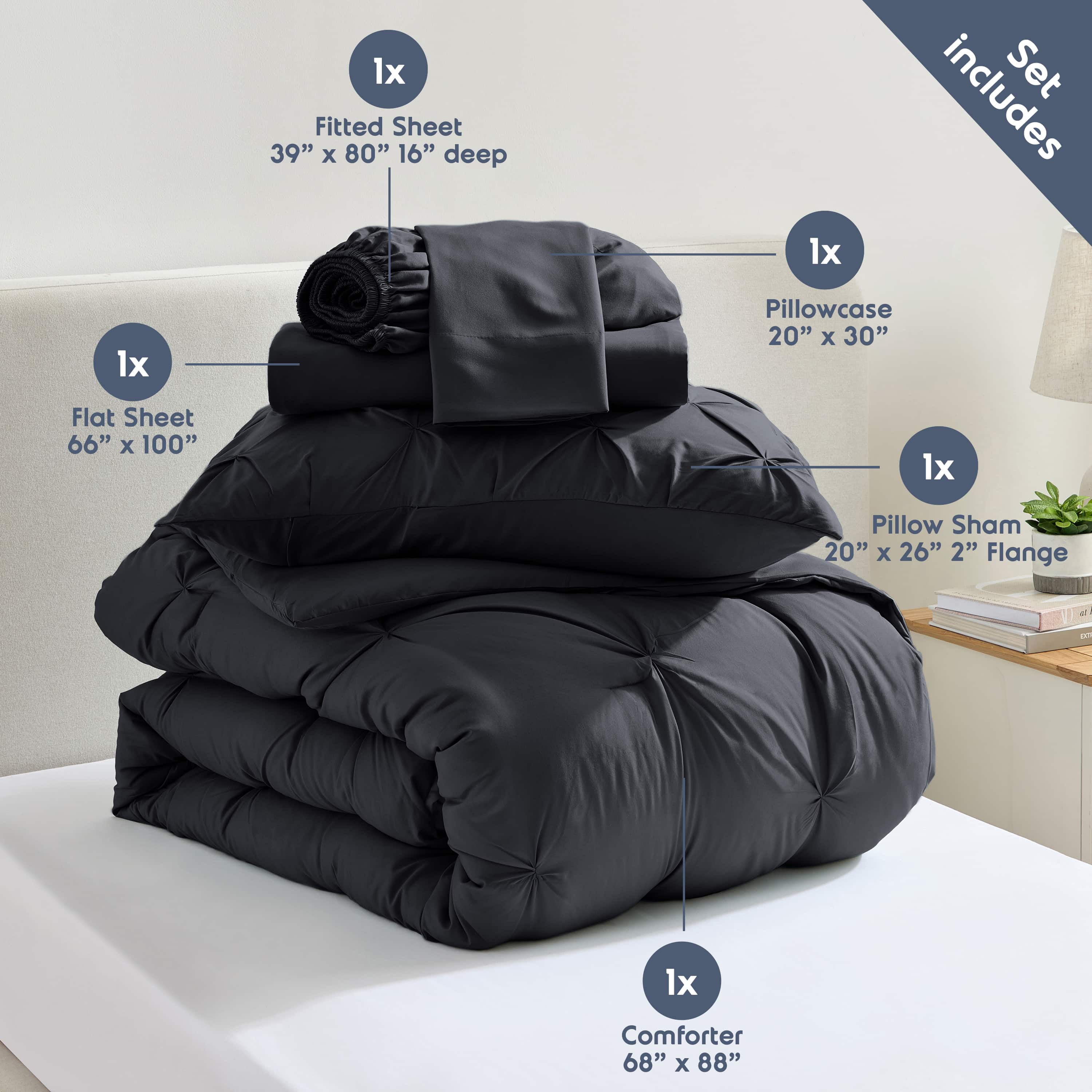 LammaLoe Twin XL Comforter Sets, 5 Piece Bed In A Bag Pintuck Bedding Sets, BLK