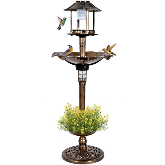Solar Bird Bath with 2 LED Lights, 43 inch Tall Weather Resistant Birdbath Feeder with Planter Pedestal, 3 Ground Stakes for Outdoor Garden Yard Decoration
