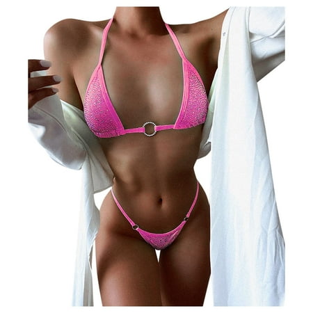 

VKEKIEO Two-Piece Sets Swimsuit Sport Bra Style Push-Up Pink S