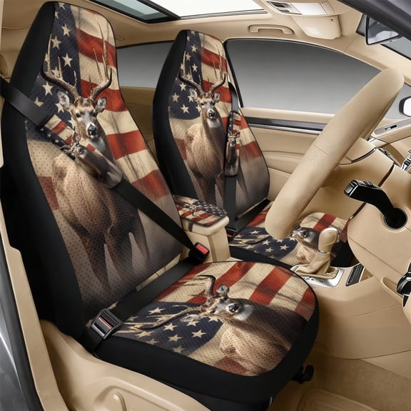 Xixirimido Car Seat Covers for Front Seats 5Pcs Car Accessories with Seat Belt Covers & Center Console Cover Universal Fit for SUVs,Vans,Trucks,Sedans, Hunting Elk US Flag