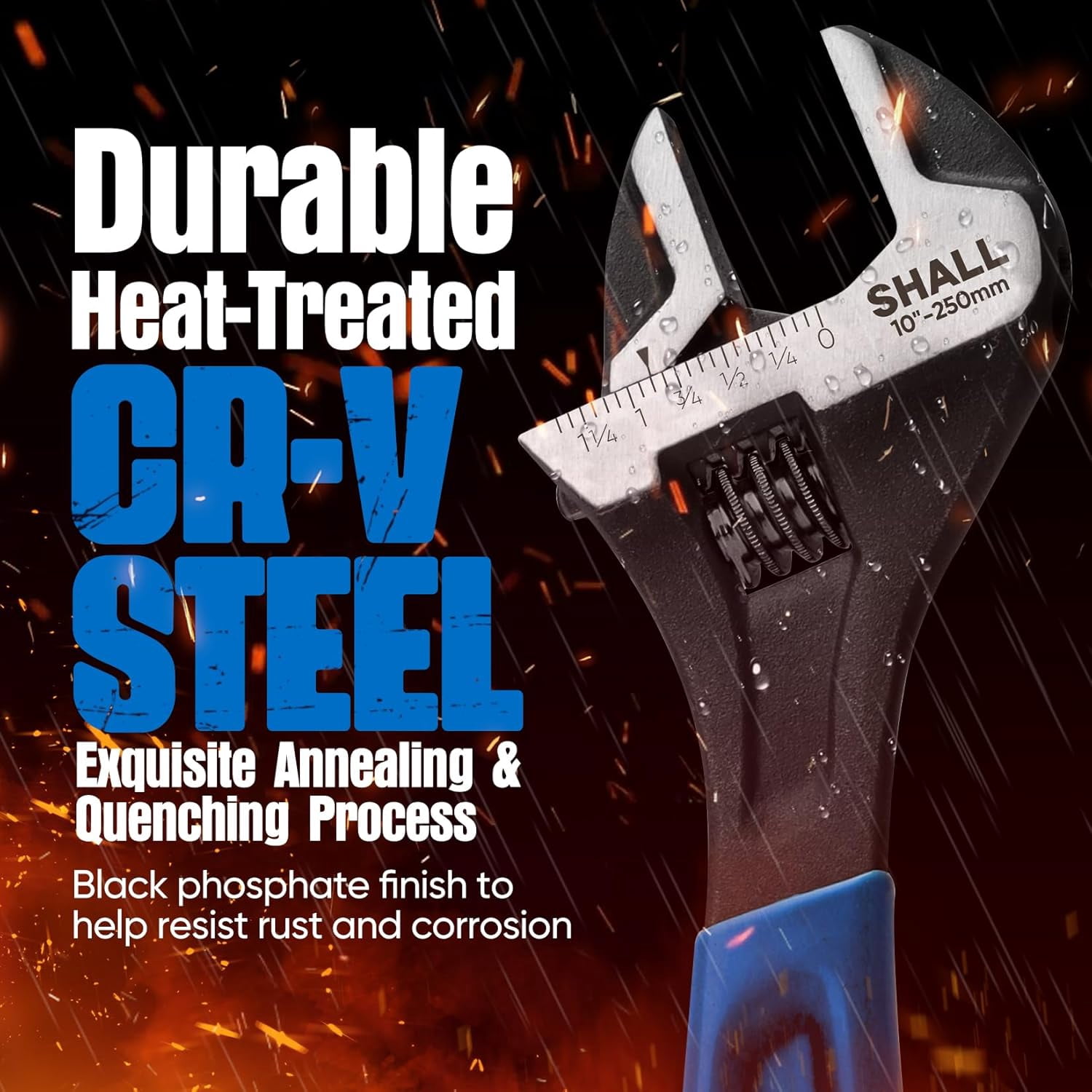3-Piece Adjustable Wrench Set, 10/8/6 Inch Cr-V Steel Wrench with Cushion Grip, Wide Jaw Black Oxide Wrench with Laser-etched SAE Scales for Home, Garage, Workshop and DIY, Dark Blue