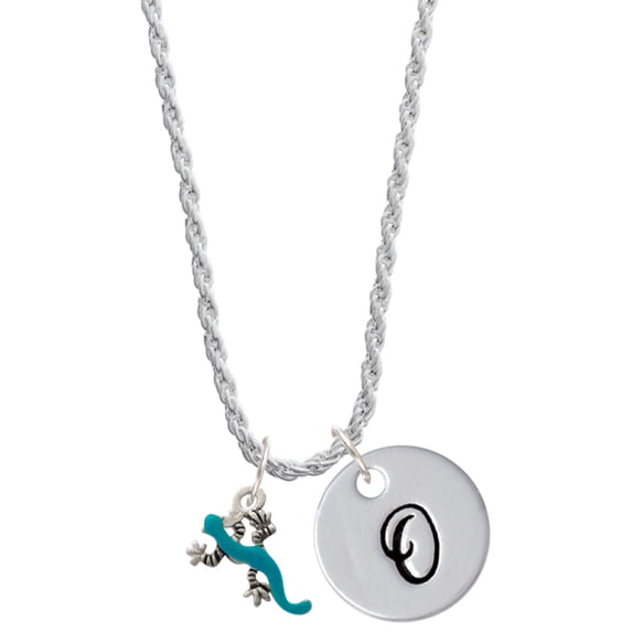 Delight Jewelry Silvertone Small Teal Lizard Silvertone Script Initial Disc - O - Charm Necklace, 20"+3"