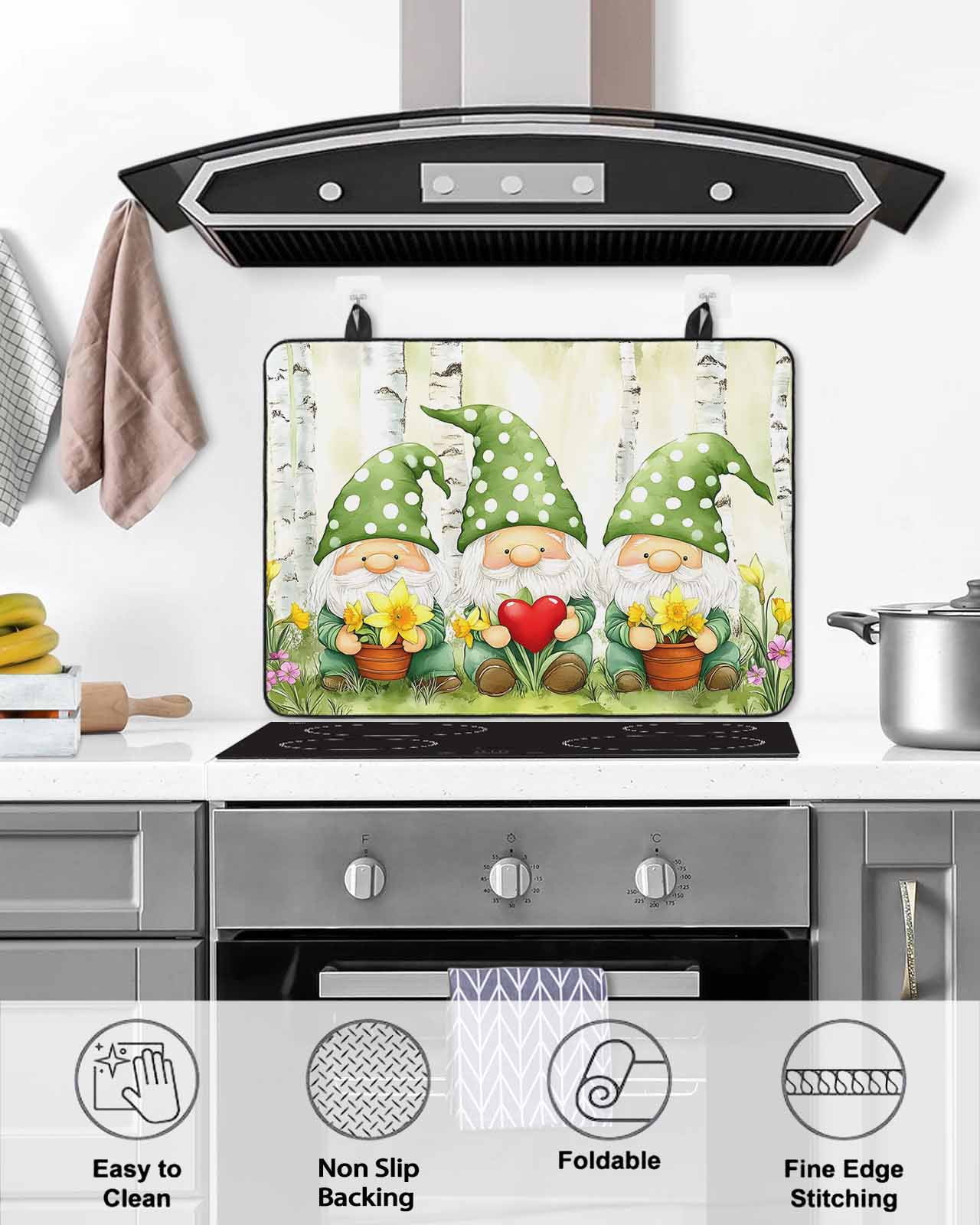 nqOlkjepod Large Induction Cooktop Protector Mat 24"x21", Cute Green Gnomes Stove Top Covers for Electric Stove, Flowers Forest Heart Vintage Stove Burner Cover Mats, Glass Top Stove Cover