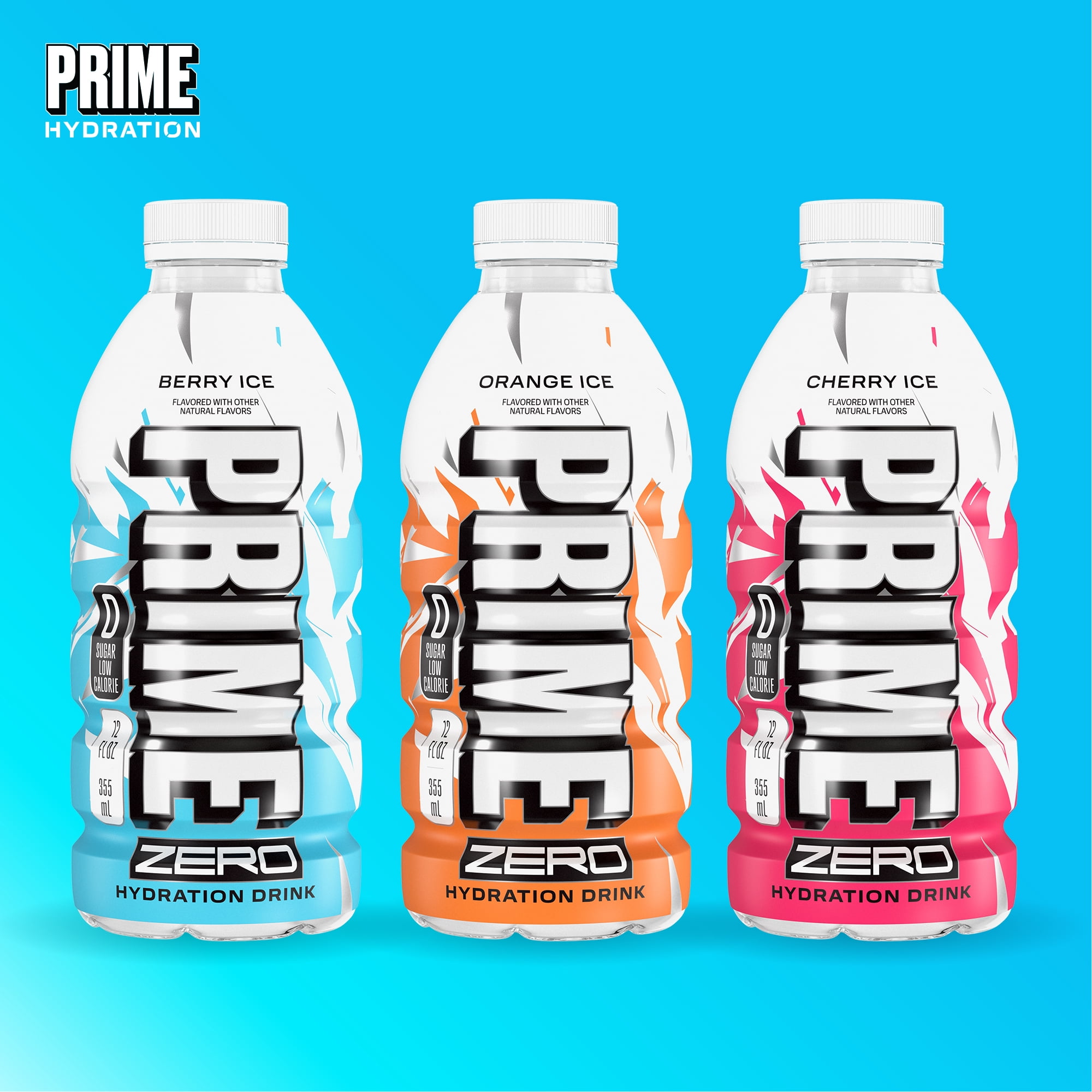 Prime Zero Hydration Sports Drink, Variety Pack, Berry Ice, Cherry Ice, Orange Ice, 12 fl oz, 15 Pack, Bottles