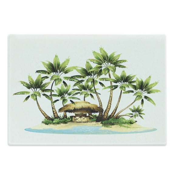 Palm Cutting Board, Tropical Island Illustration with Exotic Trees and Bungalow Tiki Bar on Beach, Decorative Tempered Glass Cutting and Serving Board, in 3 Sizes, by Ambesonne