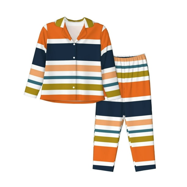 Balery Colorful Pastel Stripes Conjunto de Pijama con Estampado para Mujer, Conjunto de Dos Piezas con Manga Larga, Ropa de Dormir Suave con Bolsillos, Pijamas Cómodos-Medium