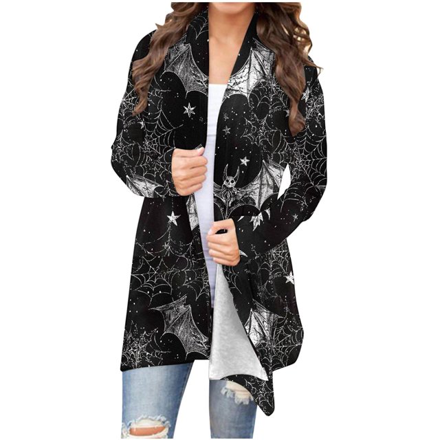 Enjoytime Cardigans pour Femmes Imprimé Tendance Halloween Manches Longues Cardigan Ouvert Mignon Manteau