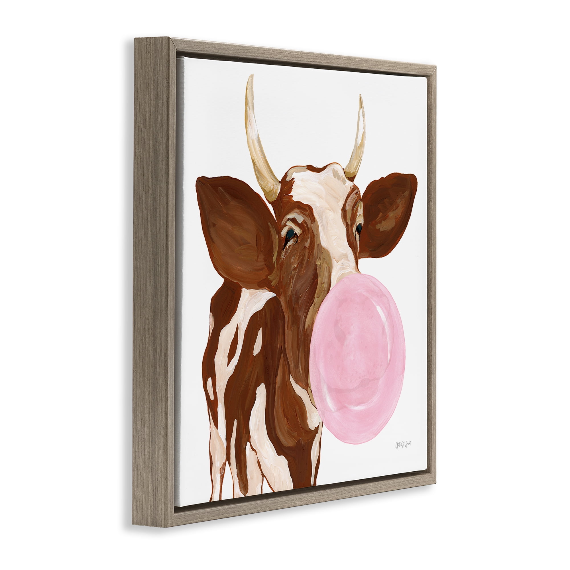 Stupell Industries Happy Bubblegum Cow Animals Painting Brown Floater Framed Canvas Art Print Wall Art, 25 x 25